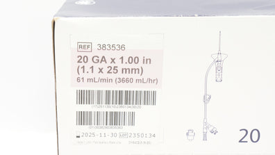 BD 383536 Nexiva Closed IV Cath. System 20Ga x 1.00inch 61mL/min - Box of 20